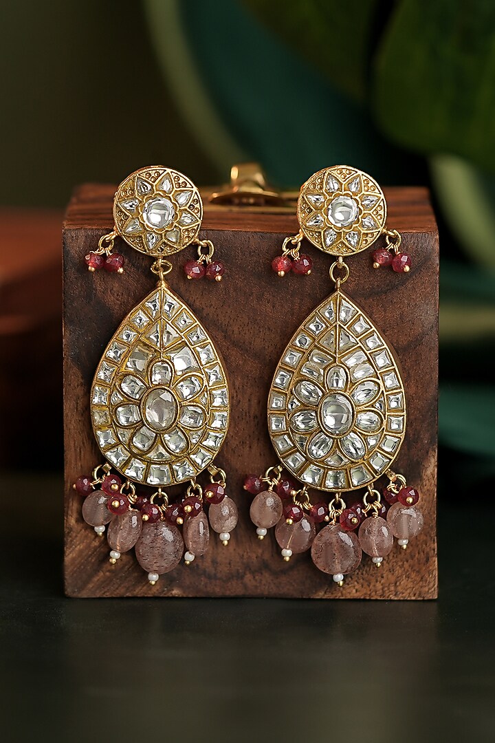 Matte Gold Plated Pink Beaded Jadau Earrings by Riana Jewellery at Pernia's Pop Up Shop