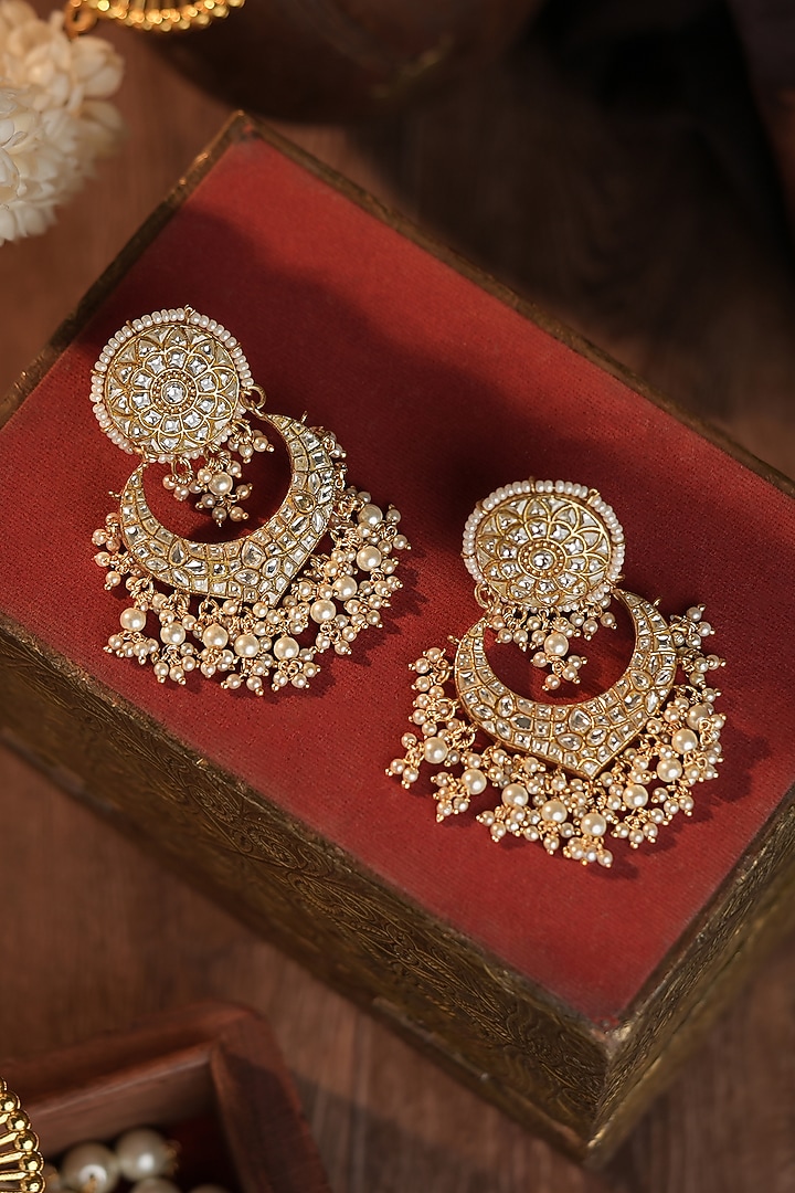 Matte Gold Plated Jadtar Stone & Glass Beaded Chandbali Earrings by Riana Jewellery at Pernia's Pop Up Shop