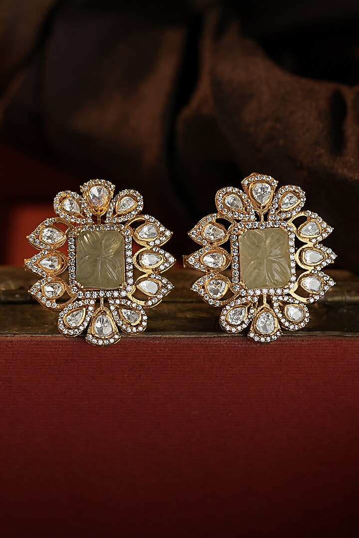 Matte Gold Plated Sea Green Moissanite Stone Floral Stud Earrings by Riana Jewellery at Pernia's Pop Up Shop
