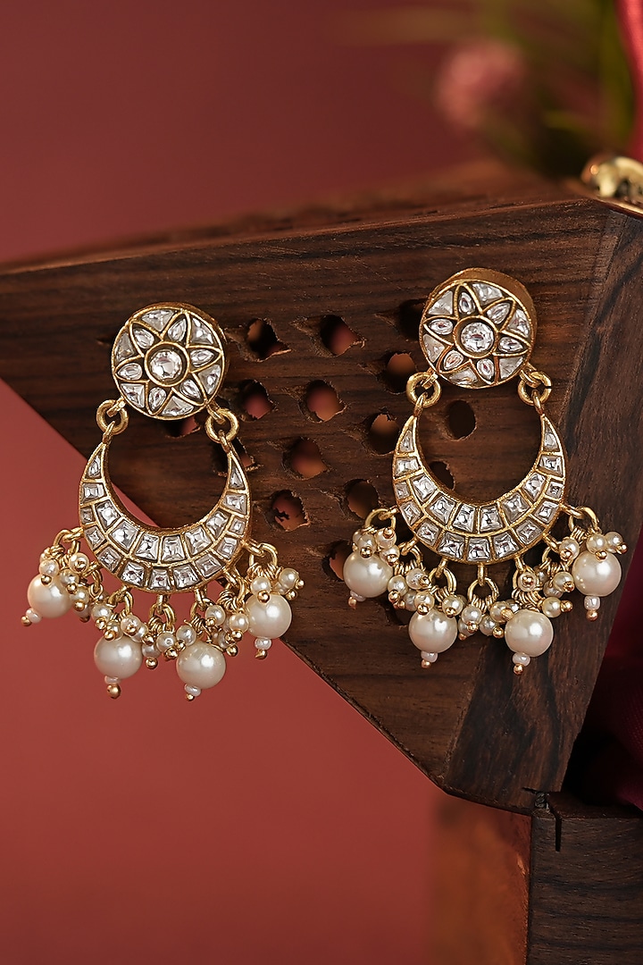 Matte Gold Plated White Jadau Stone Chandbali Earrings by Riana Jewellery at Pernia's Pop Up Shop