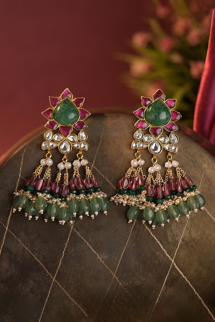 Matte Gold Plated Multi-Colored Jadtar Stone & Glass Beaded Long Earrings by Riana Jewellery at Pernia's Pop Up Shop