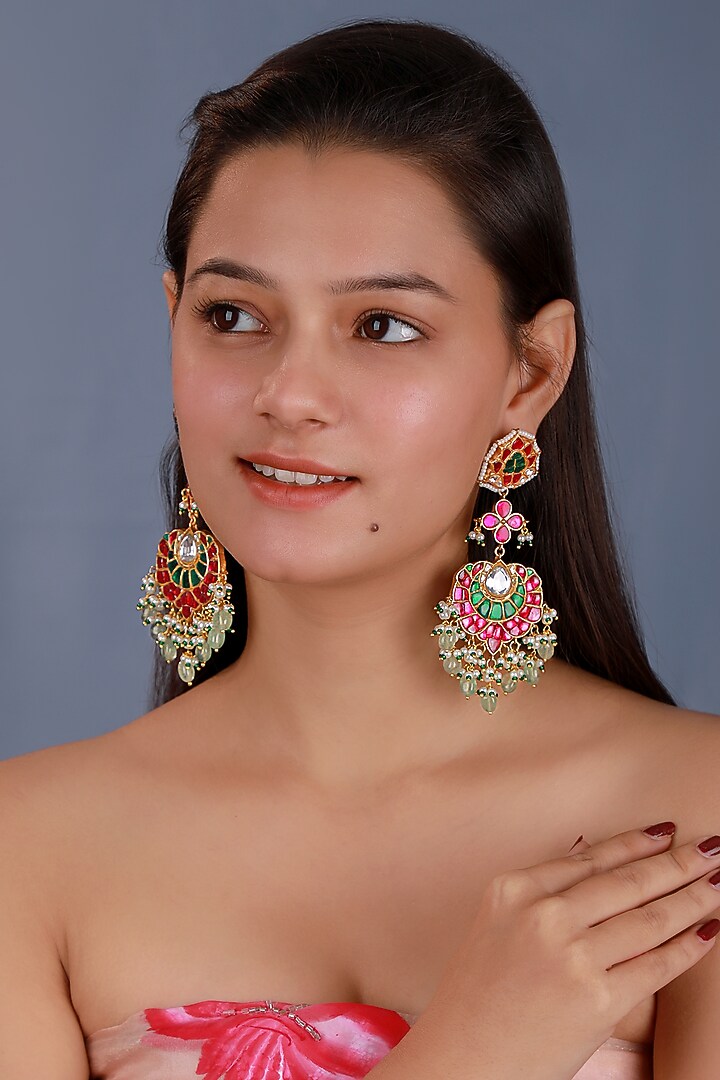 Matte Gold Plated Multi-Colored Jadtar Stone & Glass Beaded Long Earrings by Riana Jewellery at Pernia's Pop Up Shop