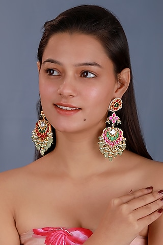 Matte Gold Plated Multi-Colored Jadtar Stone & Glass Beaded Long Earrings by Riana Jewellery