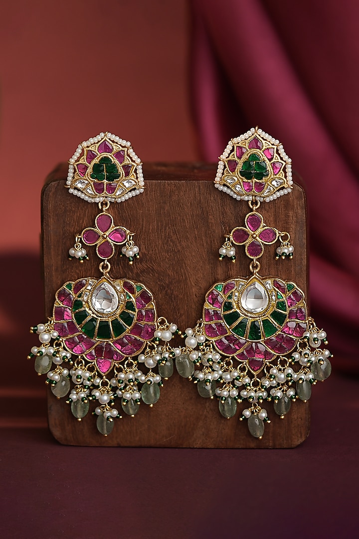 Matte Gold Plated Multi-Colored Jadtar Stone & Glass Beaded Long Earrings by Riana Jewellery at Pernia's Pop Up Shop