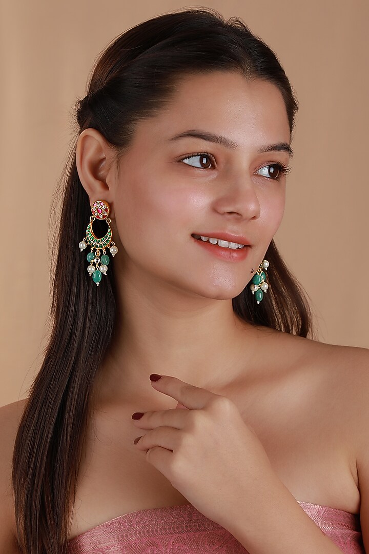 Matte Gold Plated Pink & Green Beaded Choker Necklace Set by Riana Jewellery at Pernia's Pop Up Shop