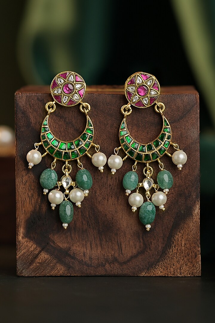 Matte Gold Plated Pink & Green Beaded Choker Necklace Set by Riana Jewellery at Pernia's Pop Up Shop