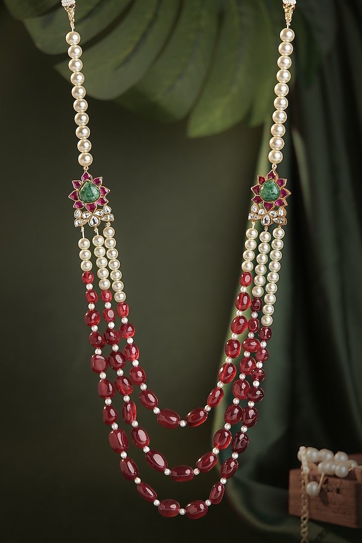 Matte Gold Plated Pearl & Ruby Beaded Long Maala by Riana Jewellery at Pernia's Pop Up Shop