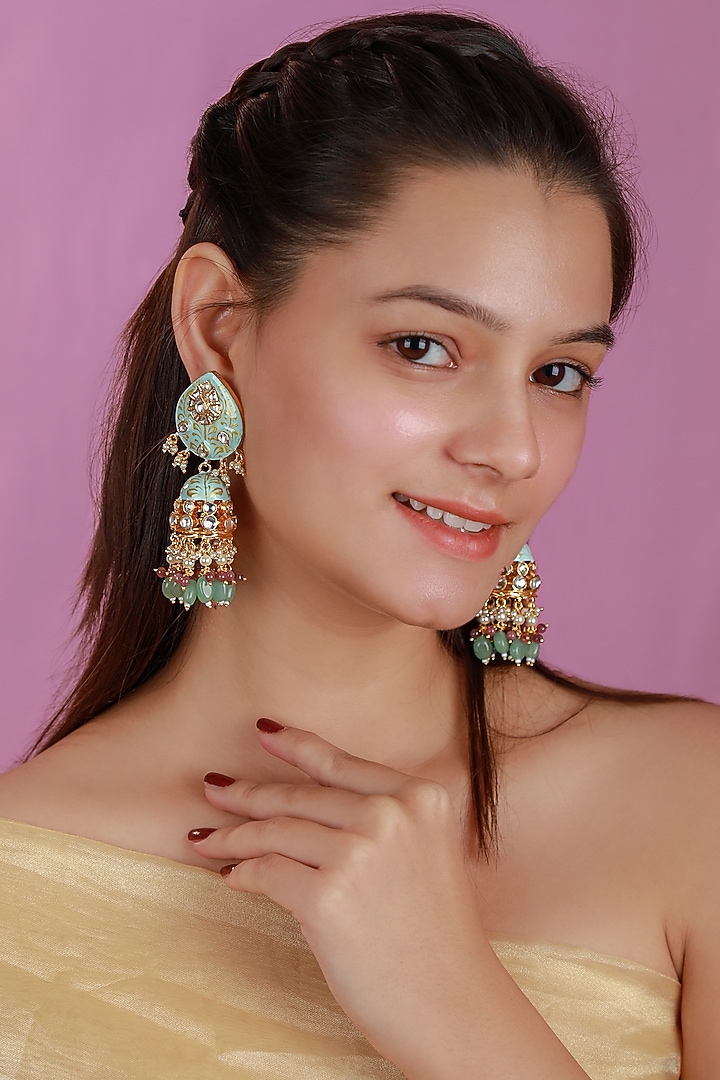Matte Gold Plated Firozi Jadtar Stone & Glass Beaded Adjustable Meenakari Choker Necklace Set by Riana Jewellery at Pernia's Pop Up Shop