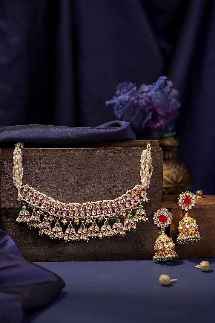 Matte Gold Plated Multi-Colored Jadtar Stone Choker Necklace Set by Riana Jewellery at Pernia's Pop Up Shop