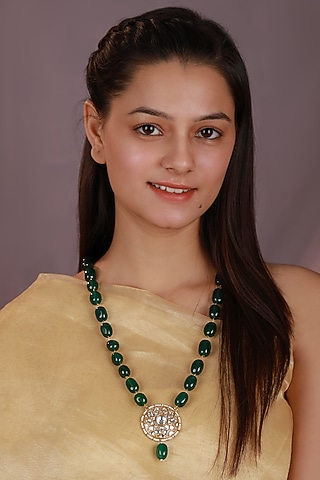 Matte Gold Plated Emerald Green Beaded Adjustable Long Mala by Riana Jewellery
