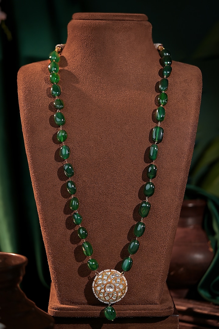 Matte Gold Plated Emerald Green Beaded Adjustable Long Mala by Riana Jewellery at Pernia's Pop Up Shop