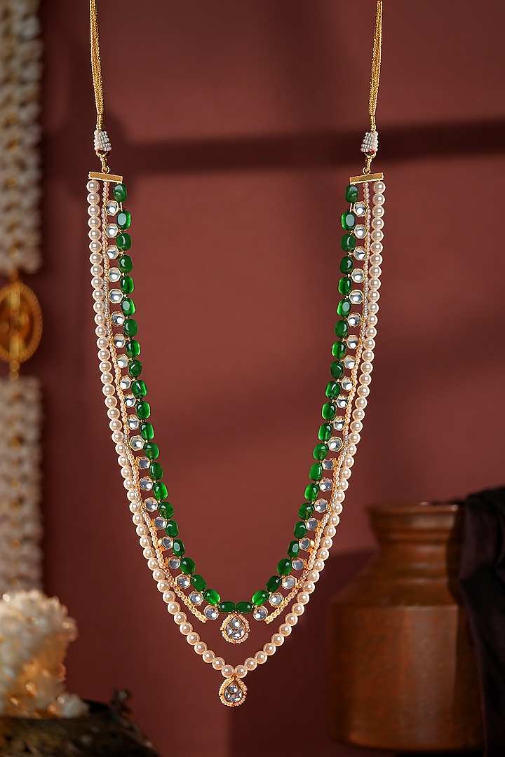 Matte Gold Plated Emerald Green Beaded Adjustable Layered Mala by Riana Jewellery at Pernia's Pop Up Shop