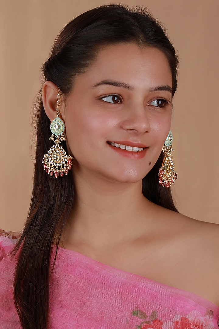 Matte Gold Plated Light Pink Beaded Blue Meenakari Necklace Set by Riana Jewellery at Pernia's Pop Up Shop
