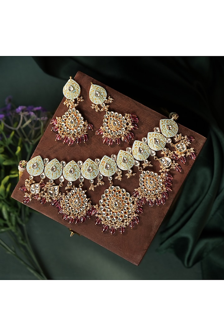 Matte Gold Plated Light Pink Beaded Blue Meenakari Necklace Set by Riana Jewellery at Pernia's Pop Up Shop
