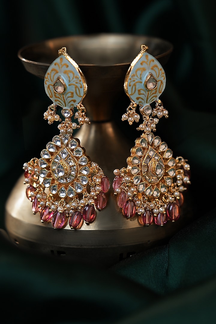 Matte Gold Plated Light Pink Beaded Blue Meenakari Necklace Set by Riana Jewellery at Pernia's Pop Up Shop