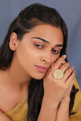 Matte Gold Plated White Stone Floral Ring by Riana Jewellery