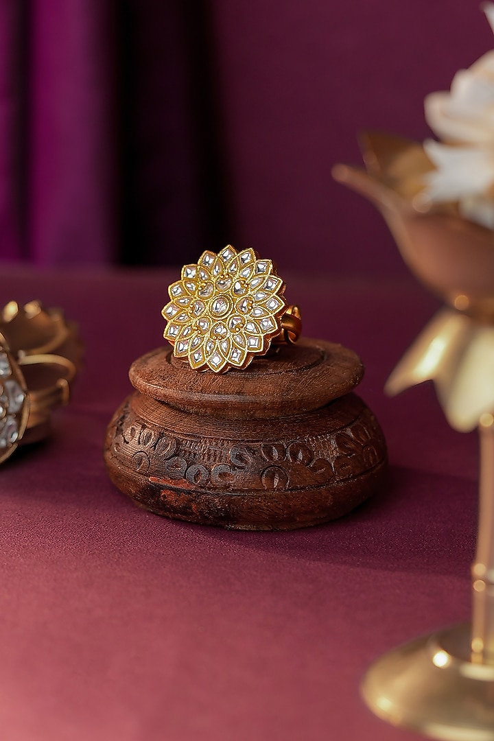 Matte Gold Plated White Stone Floral Ring by Riana Jewellery at Pernia's Pop Up Shop