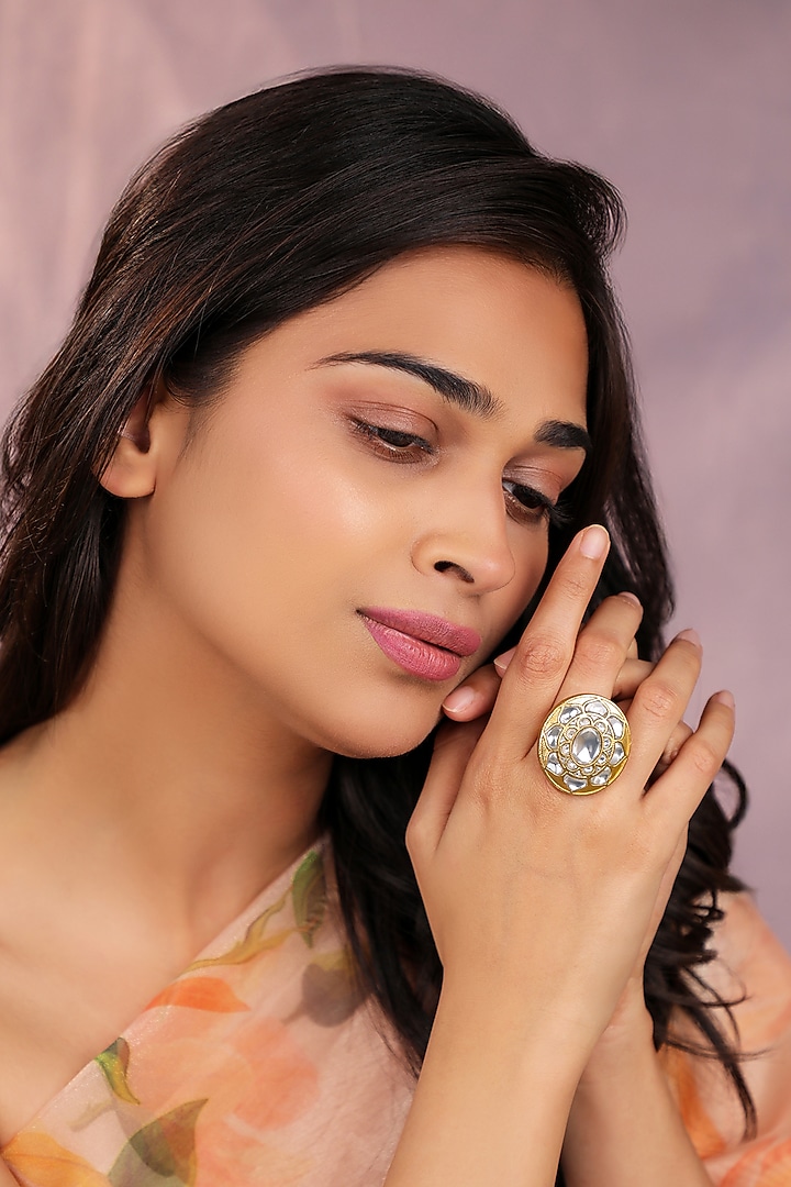 Matte Gold Plated White Jadtar Stone Ring by Riana Jewellery at Pernia's Pop Up Shop