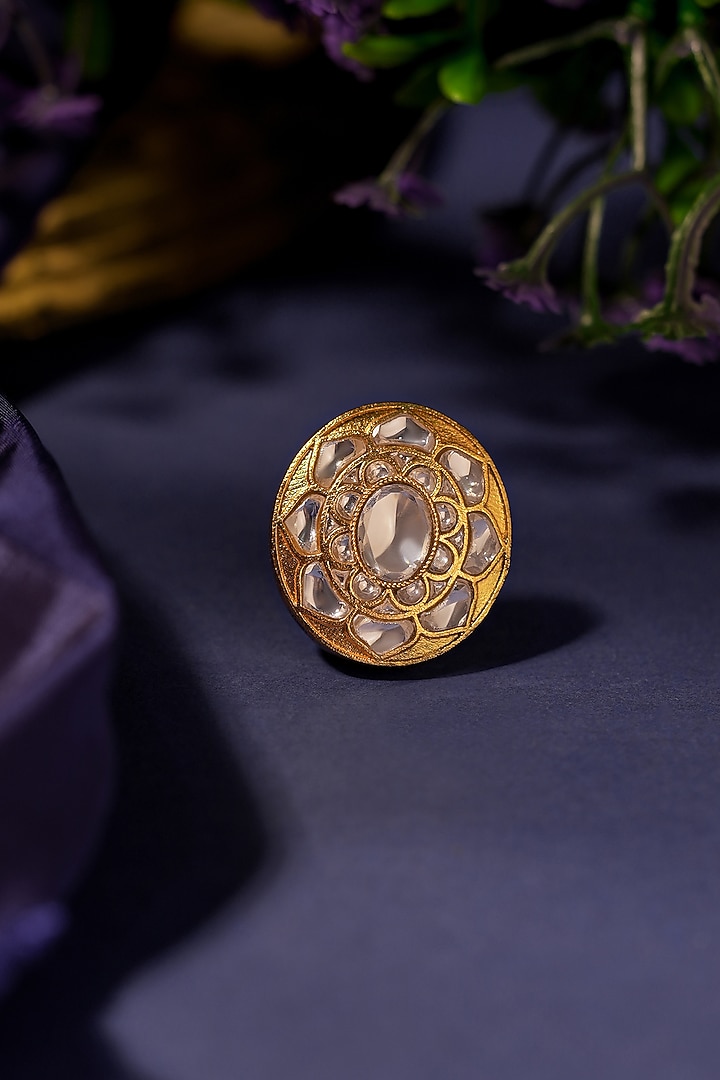 Matte Gold Plated White Jadtar Stone Ring by Riana Jewellery at Pernia's Pop Up Shop