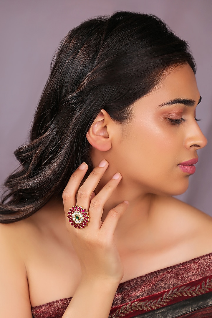 Matte Gold Plated Green Stone Floral Ring by Riana Jewellery at Pernia's Pop Up Shop