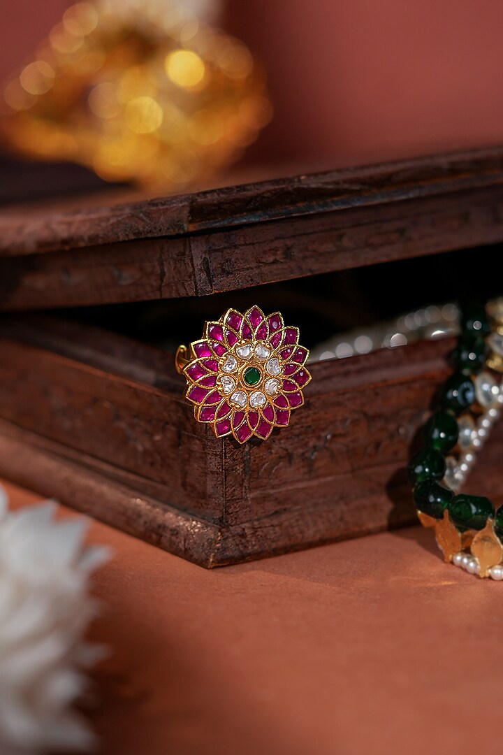Matte Gold Plated Green Stone Floral Ring by Riana Jewellery at Pernia's Pop Up Shop