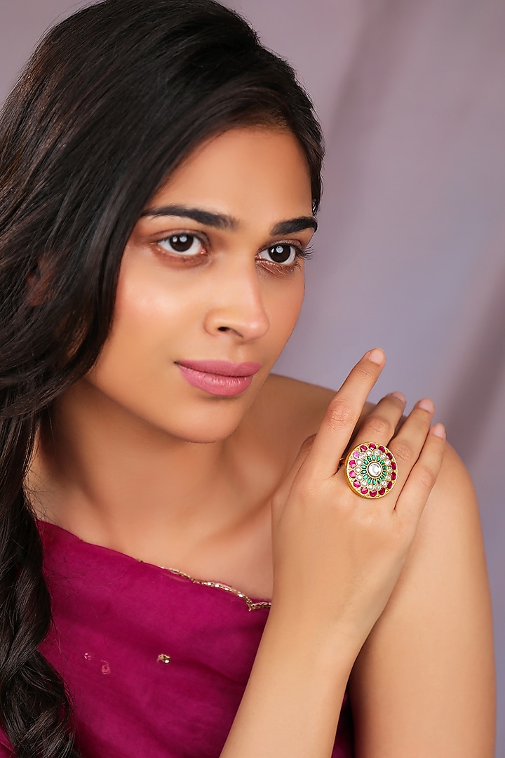 Matte Gold Plated Multi-Colored Stone Floral Ring by Riana Jewellery at Pernia's Pop Up Shop