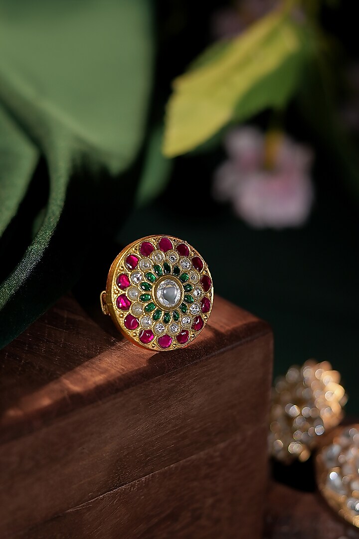 Matte Gold Plated Multi-Colored Stone Floral Ring by Riana Jewellery at Pernia's Pop Up Shop