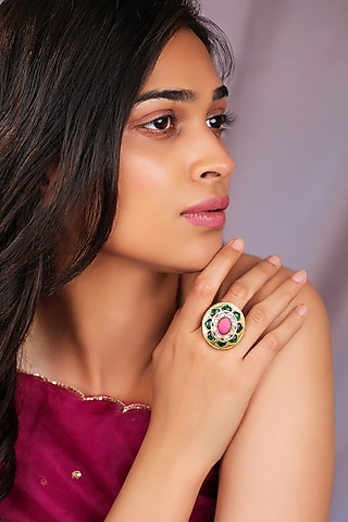 Matte Gold Plated Green & Pink Kundan Polki Jadau Ring by Riana Jewellery