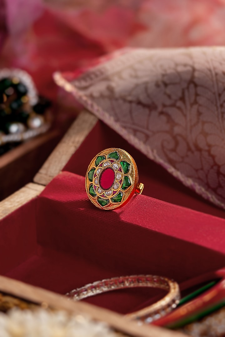 Matte Gold Plated Green & Pink Kundan Polki Jadau Ring by Riana Jewellery at Pernia's Pop Up Shop