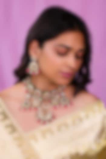 Matte Gold Plated Pearl & Ruby Pink Beaded Necklace Set by Riana Jewellery at Pernia's Pop Up Shop