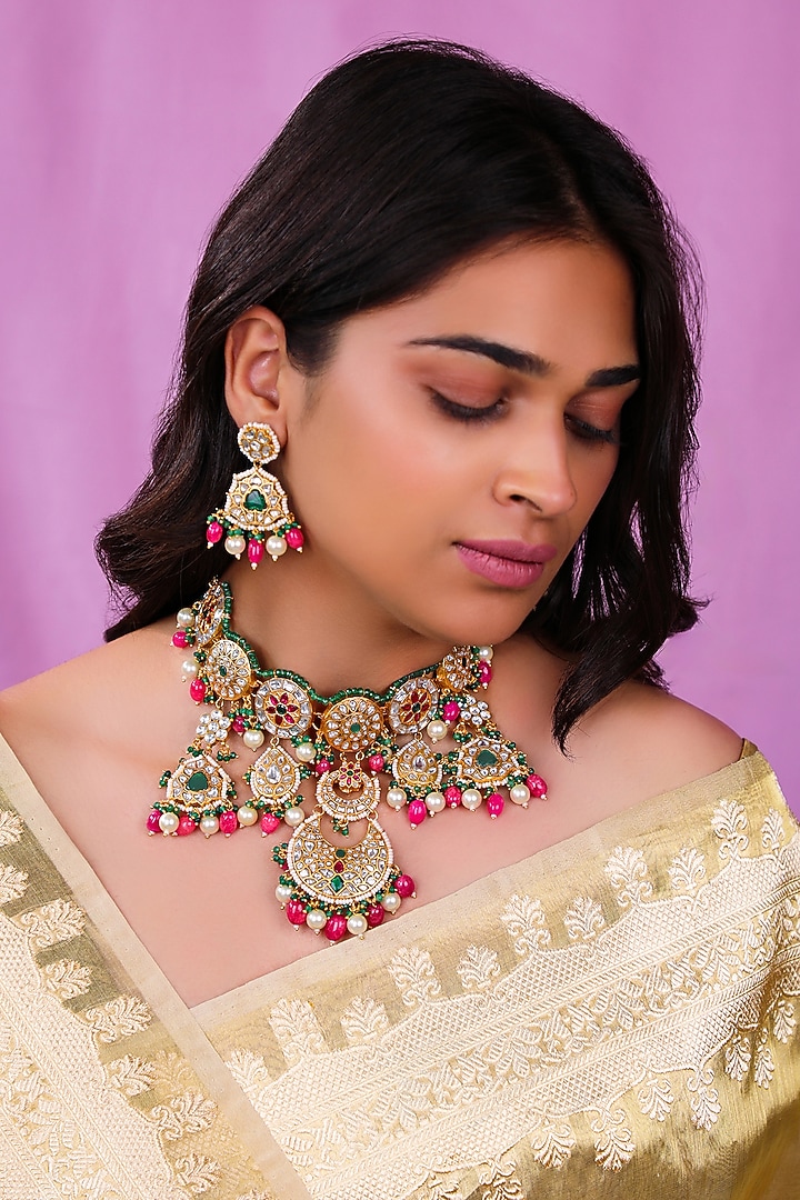 Matte Gold Plated Pearl & Ruby Pink Beaded Necklace Set by Riana Jewellery at Pernia's Pop Up Shop