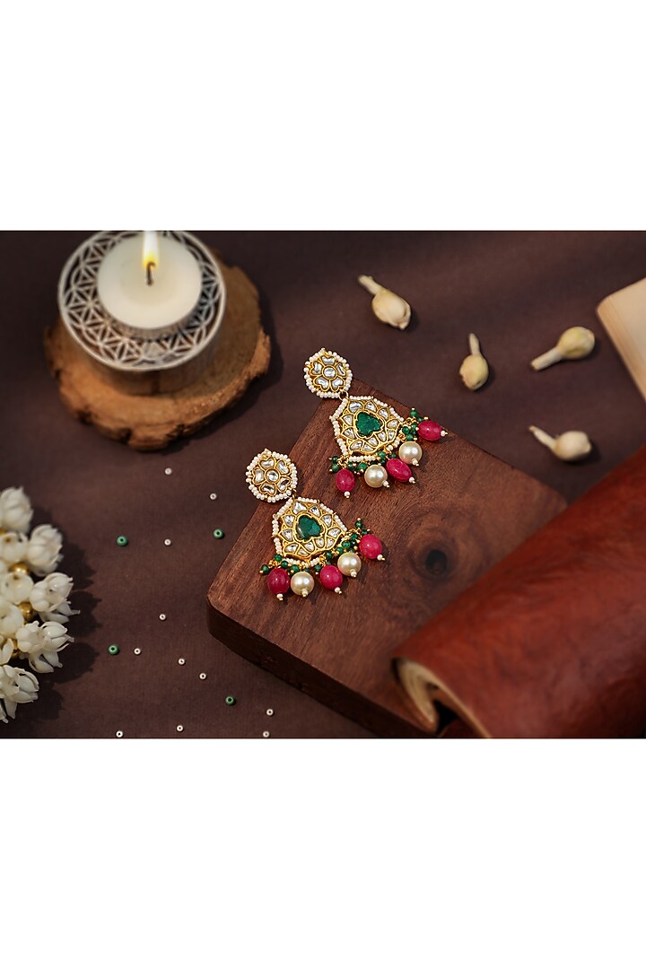 Matte Gold Plated Pearl & Ruby Pink Beaded Necklace Set by Riana Jewellery at Pernia's Pop Up Shop