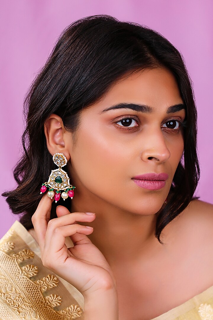 Matte Gold Plated Pearl & Ruby Pink Beaded Necklace Set by Riana Jewellery at Pernia's Pop Up Shop