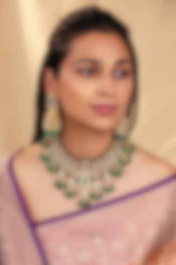 Matte Gold Plated White Jadtar Stone & Emerald Drop Necklace Set by Riana Jewellery at Pernia's Pop Up Shop