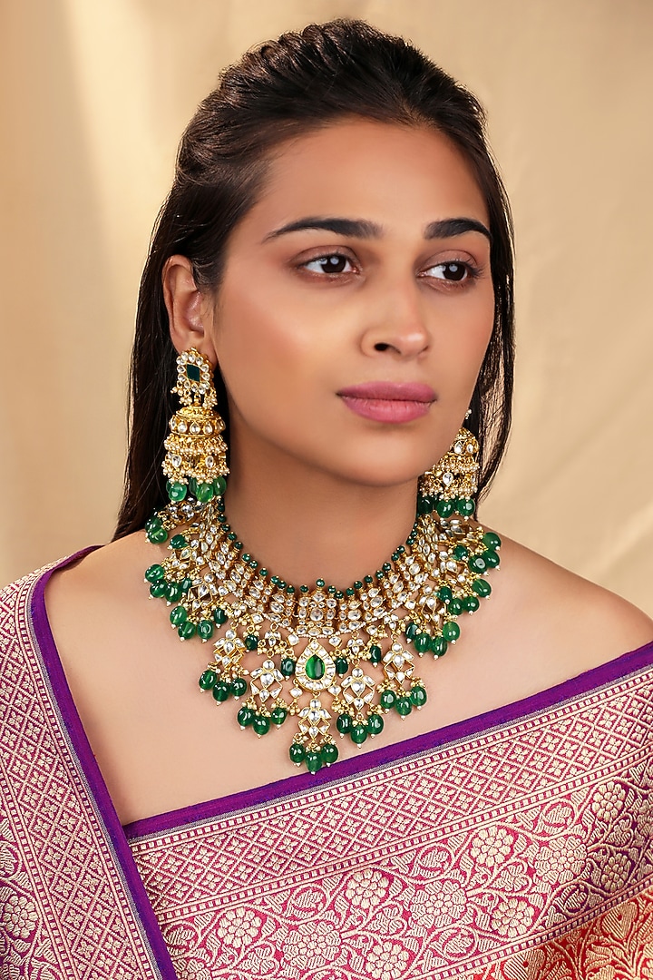 Matte Gold Plated White Jadtar Stone & Emerald Drop Necklace Set by Riana Jewellery at Pernia's Pop Up Shop