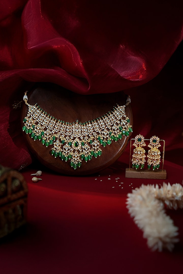 Matte Gold Plated White Jadtar Stone & Emerald Drop Necklace Set by Riana Jewellery at Pernia's Pop Up Shop