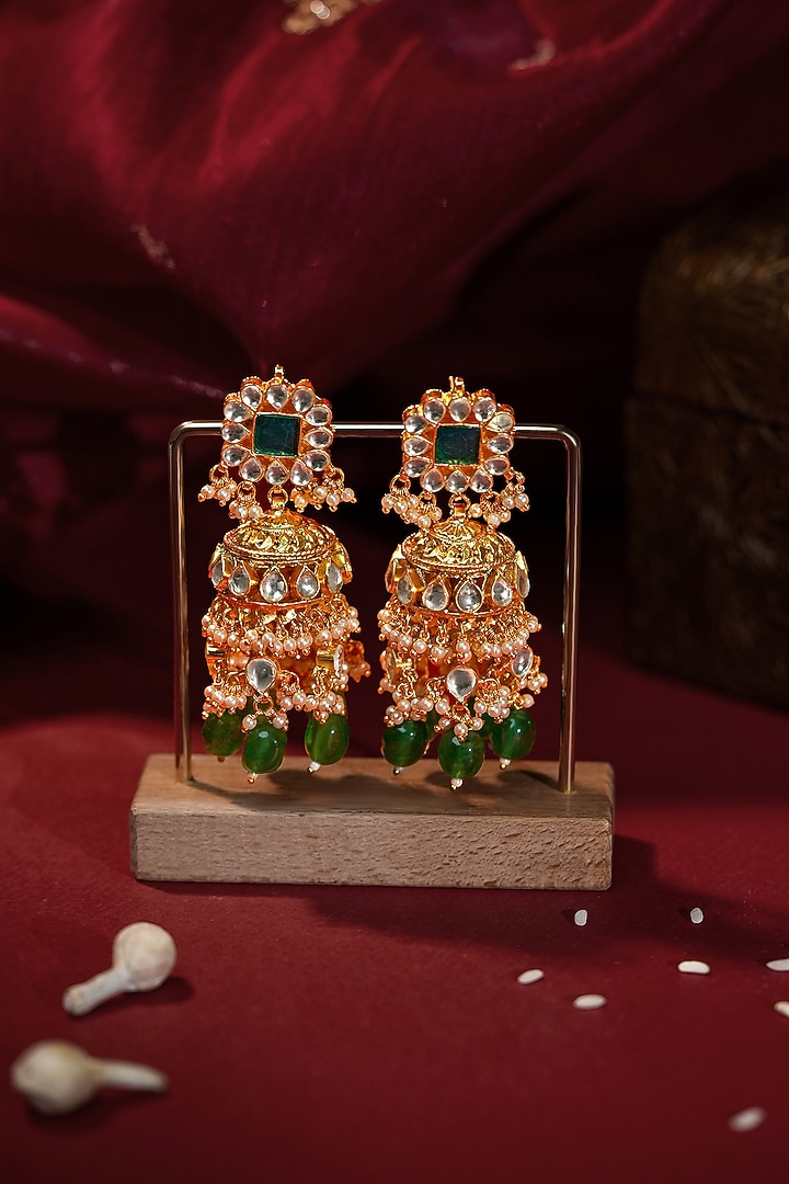 Matte Gold Plated White Jadtar Stone & Emerald Drop Necklace Set by Riana Jewellery at Pernia's Pop Up Shop