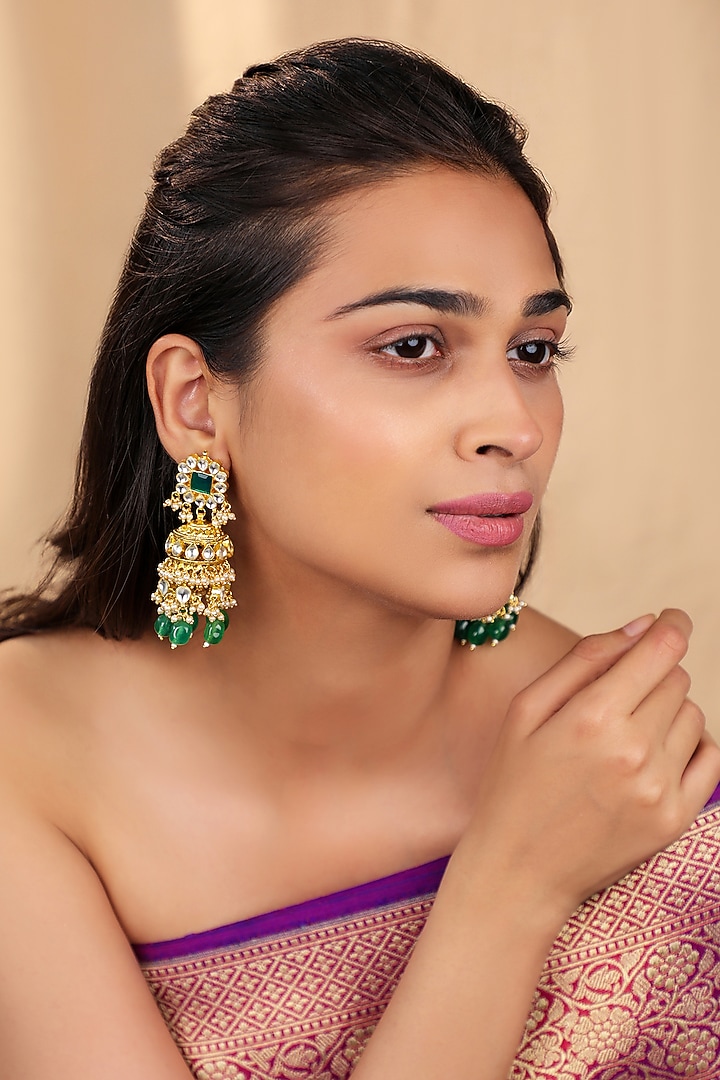 Matte Gold Plated White Jadtar Stone & Emerald Drop Necklace Set by Riana Jewellery at Pernia's Pop Up Shop