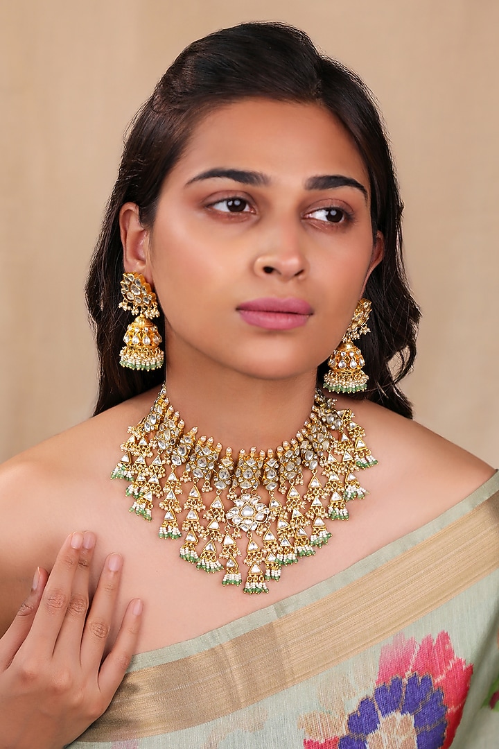 Matte Gold Plated Jadtar Kundan Polki & Pearl Necklace Set by Riana Jewellery at Pernia's Pop Up Shop