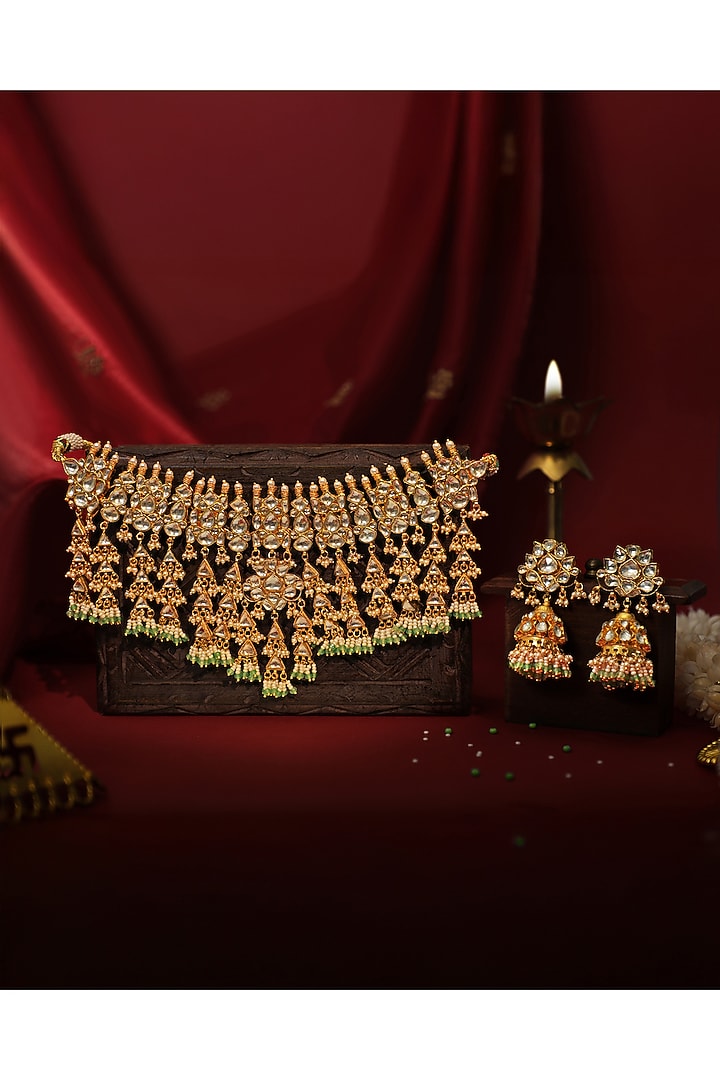 Matte Gold Plated Jadtar Kundan Polki & Pearl Necklace Set by Riana Jewellery at Pernia's Pop Up Shop