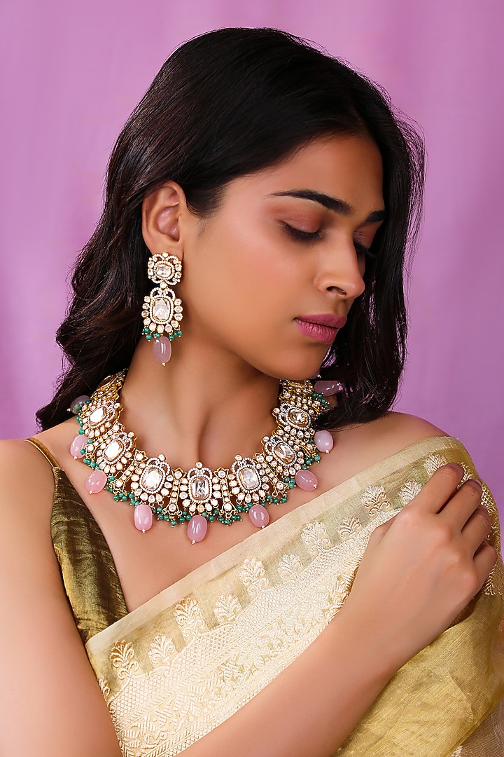 Matte Gold Plated Moissanite Polki & Jade Stone Necklace Set by Riana Jewellery at Pernia's Pop Up Shop