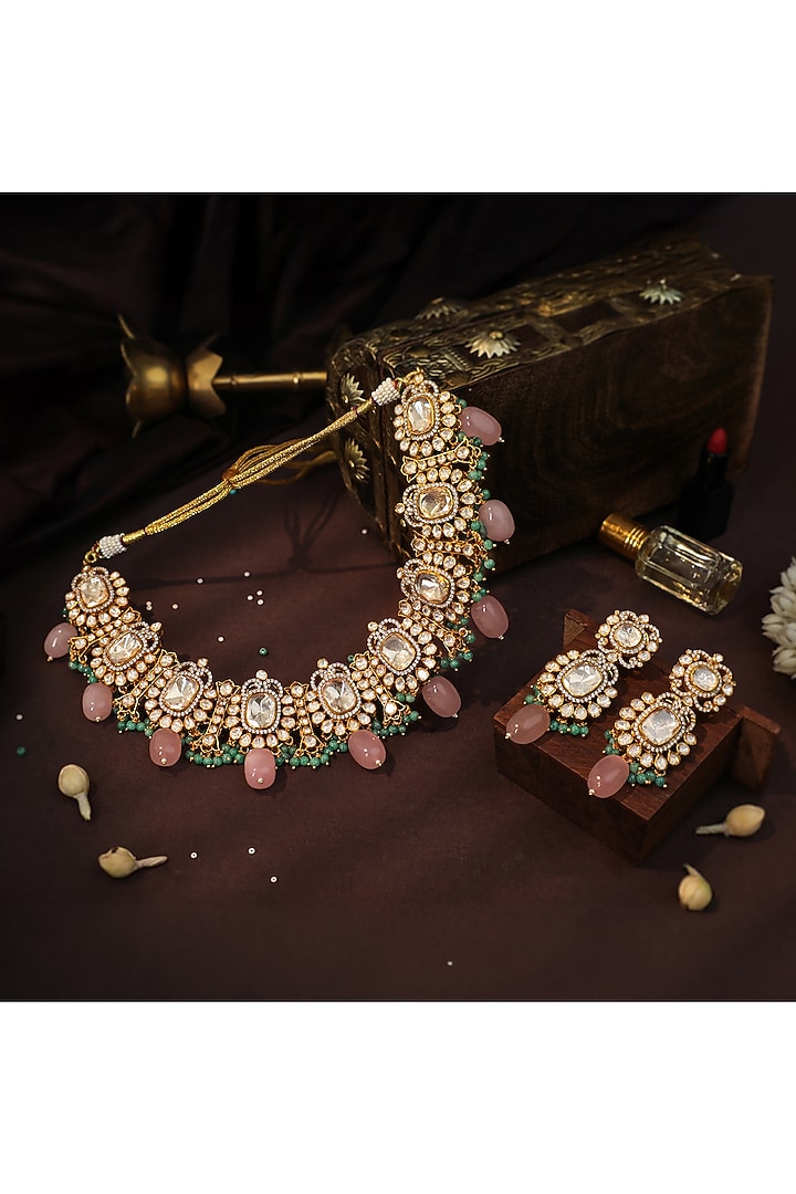 Matte Gold Plated Moissanite Polki & Jade Stone Necklace Set by Riana Jewellery at Pernia's Pop Up Shop