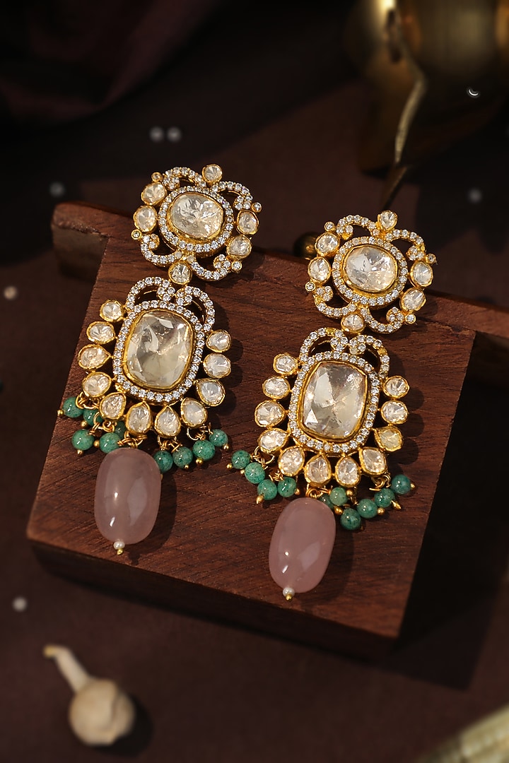 Matte Gold Plated Moissanite Polki & Jade Stone Necklace Set by Riana Jewellery at Pernia's Pop Up Shop