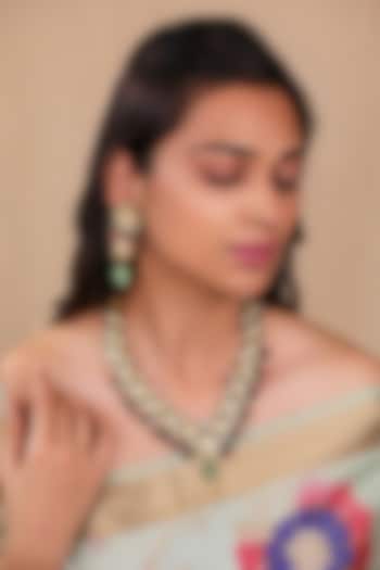 Matte Gold Plated Pink & Mint Green Stone Blue Meenakari Necklace Set by Riana Jewellery at Pernia's Pop Up Shop