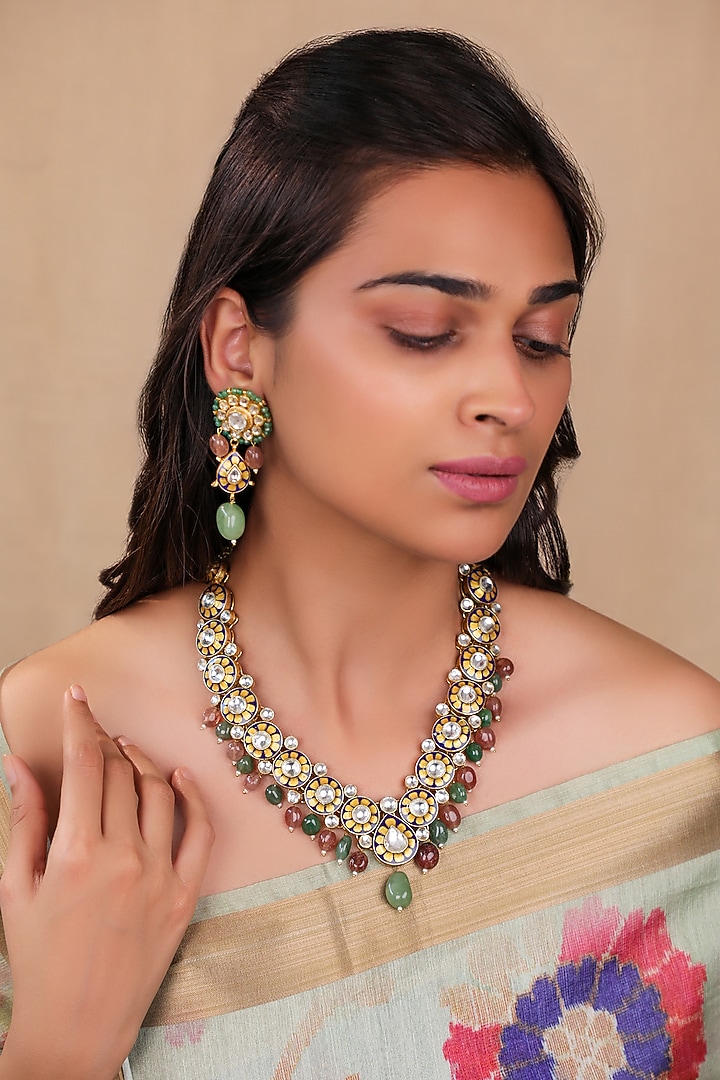 Matte Gold Plated Pink & Mint Green Stone Blue Meenakari Necklace Set by Riana Jewellery at Pernia's Pop Up Shop