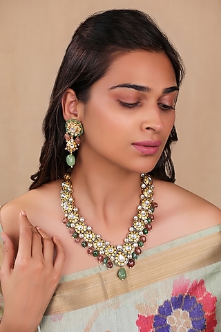 Matte Gold Plated Pink & Mint Green Stone Blue Meenakari Necklace Set by Riana Jewellery