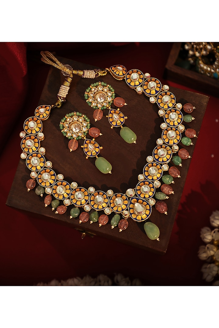 Matte Gold Plated Pink & Mint Green Stone Blue Meenakari Necklace Set by Riana Jewellery at Pernia's Pop Up Shop