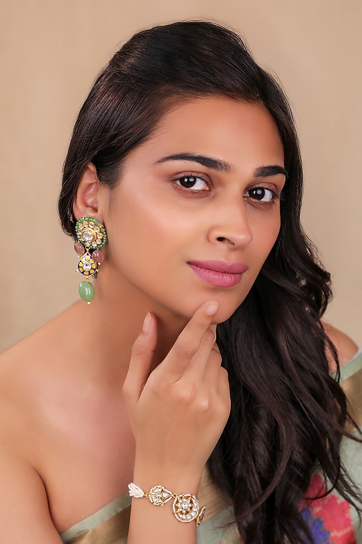 Matte Gold Plated Pink & Mint Green Stone Blue Meenakari Necklace Set by Riana Jewellery at Pernia's Pop Up Shop