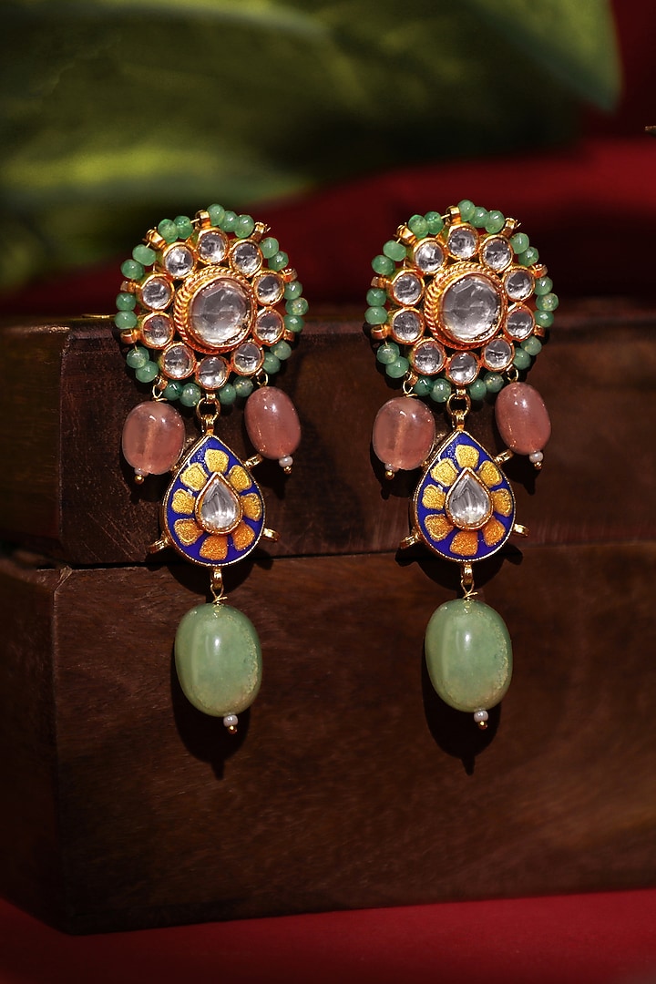 Matte Gold Plated Pink & Mint Green Stone Blue Meenakari Necklace Set by Riana Jewellery at Pernia's Pop Up Shop