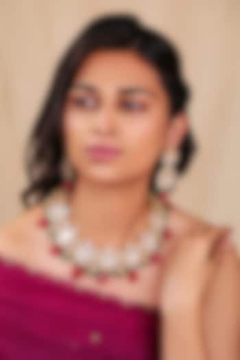 Two-Tone Finish Moissanite Polki & Ruby Beaded Necklace Set by Riana Jewellery at Pernia's Pop Up Shop